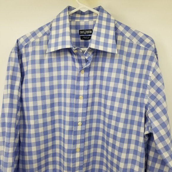 Cafe Coton Exclusive Blue and White Plaid Button Down Dress Shirt 43 / 17 - Picture 5 of 11